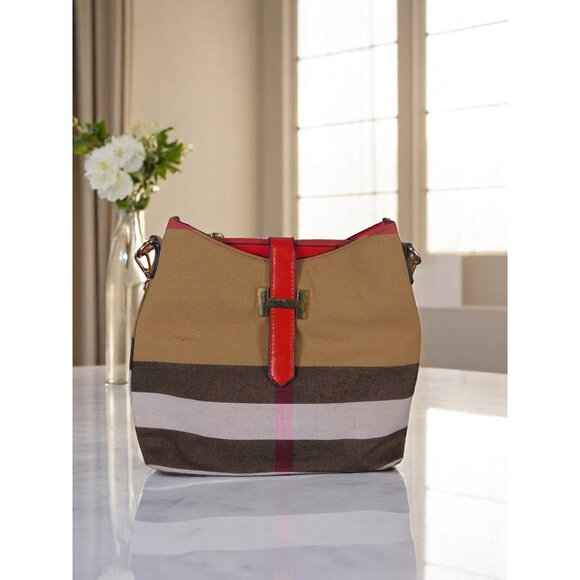 Stylish Canvas & Vinyl Shoulder Bag With Red Accents And Plaid Design - Picture 1 of 12